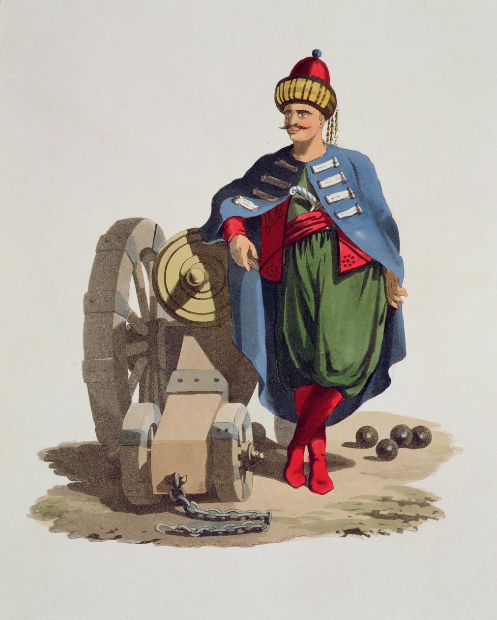 Turkish Soldier, julkaisusta Costumes of the Various Nations, Volume VII, The Military Costume of Turkey, kirjoittanut Thomas MacLean, julkaistu n.1800-1818 (käsinvärinen akvatinta) tekijältä English School