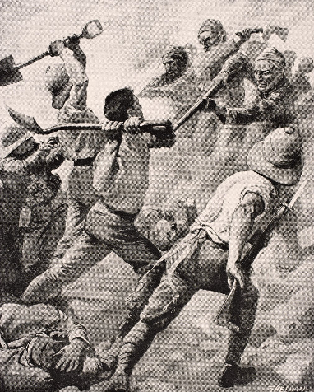 Turkkilaiset ja brittiläiset sotilaat käsissä taistelussa Gallipolin niemimaalla Turkissa 1915, Lontoossa 1916 julkaistusta The War Illustrated Album deLuxe -albumista tekijältä English School