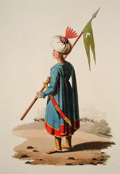 Turkkilainen sotilas, Thomas MacLeanin teoksesta "Erilaisten kansakuntien puvut", osa VII, "Turkin sotilasasu", julkaistu n. 1800-1818 (käsinvärinen akvatinta) tekijältä English School