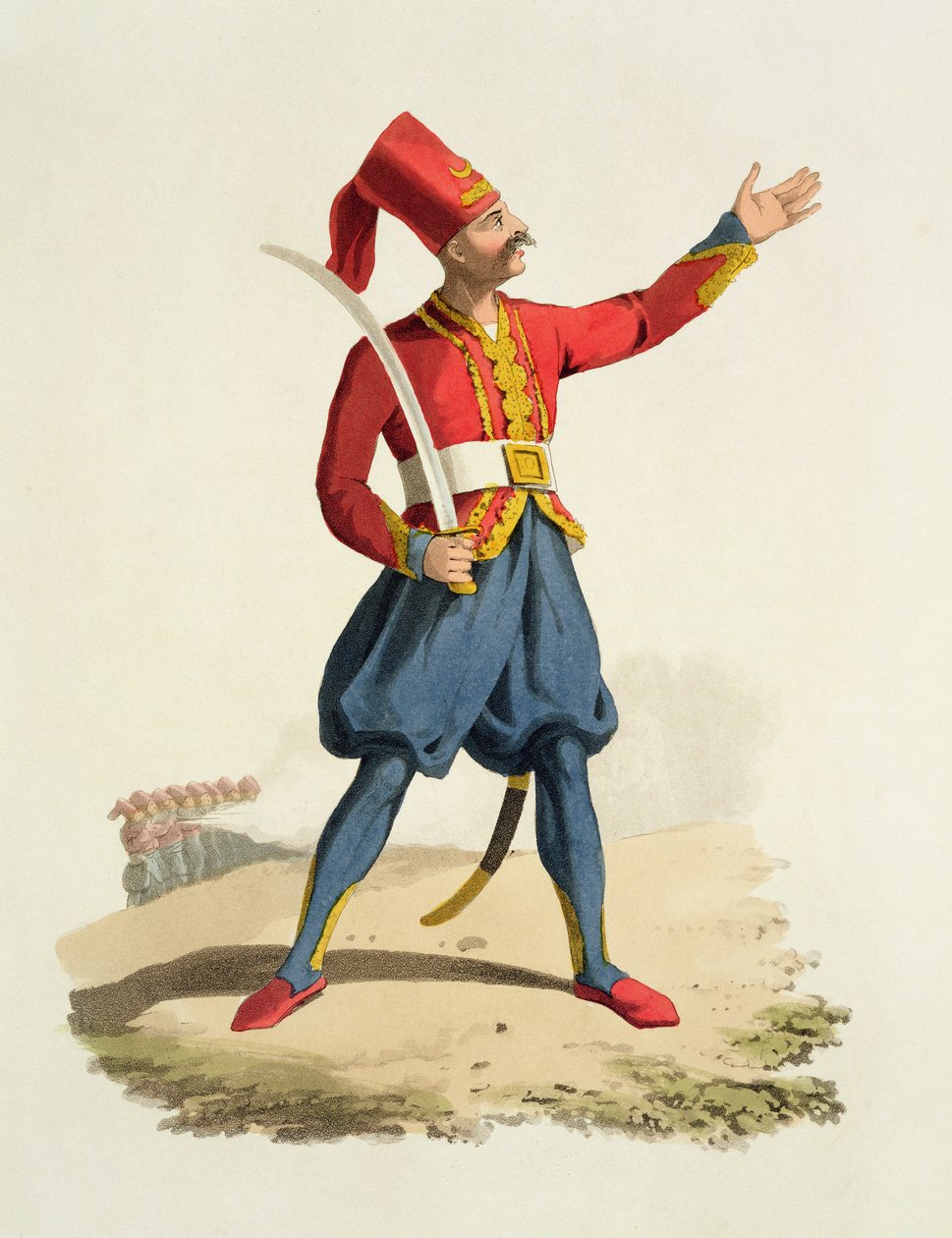 Turkkilainen sotilas, julkaisusta Costumes of the Various Nations, osa VII, The Military Costume of Turkey, kirjoittanut Thomas MacLean, julkaistu n. 1800-1818 (käsinvärinen akvatinta) tekijältä English School
