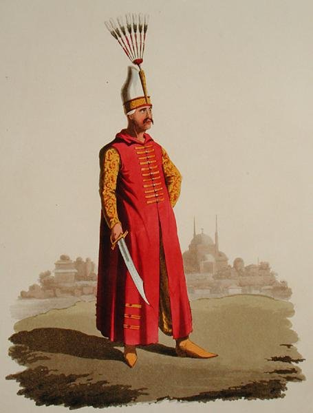 Turkkilainen soturi, julkaisusta "Erilaisten kansakuntien puvut", osa VII, "Turkin sotilasasu", kirjoittanut Thomas MacLean, julkaistu n. 1800-1818 (käsinvärinen akvatinta) tekijältä English School