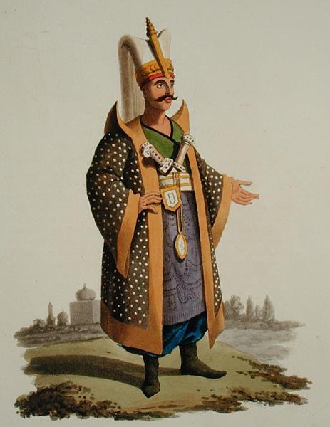 Turkkilainen soturi, julkaisusta "Erilaisten kansakuntien puvut", osa VII, "Turkin sotilasasu", kirjoittanut Thomas MacLean, julkaistu n. 1800-1818 (käsinvärinen akvatinta) tekijältä English School