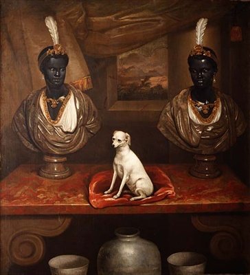 Kaksi Blackamoorin rintakuvaa ja terrieri, noin 1720. tekijältä English School