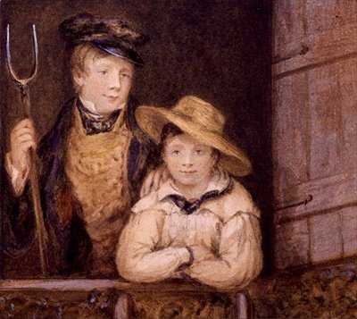 Kaksi poikaa navetan ovella, n. 1825 (akvarelli paperille) tekijältä English School