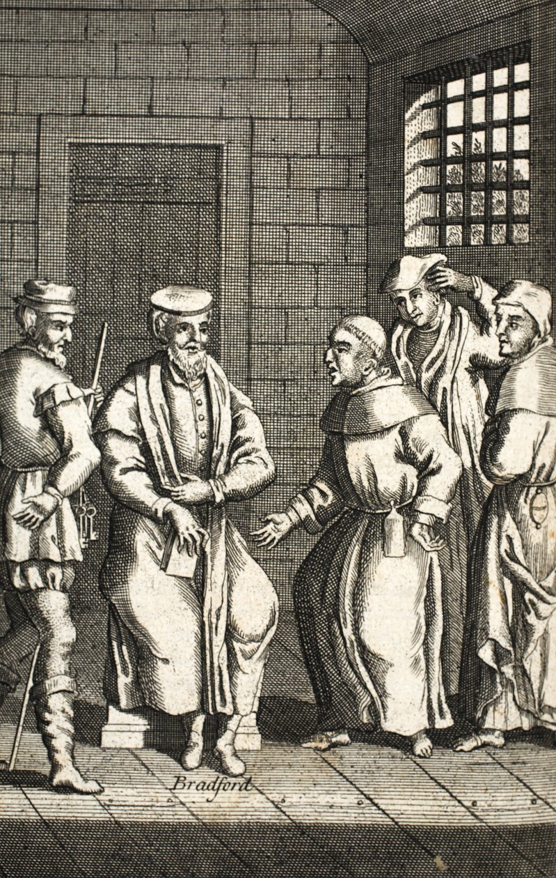 Kaksi espanjalaista veljeä keskustelemassa herra Bradfordin kanssa, kuvitus teoksesta Foxes Martyrs n. 1703 99:Foxes Book of martyrs; John Fox; c17th; Ketut; tekijältä English School
