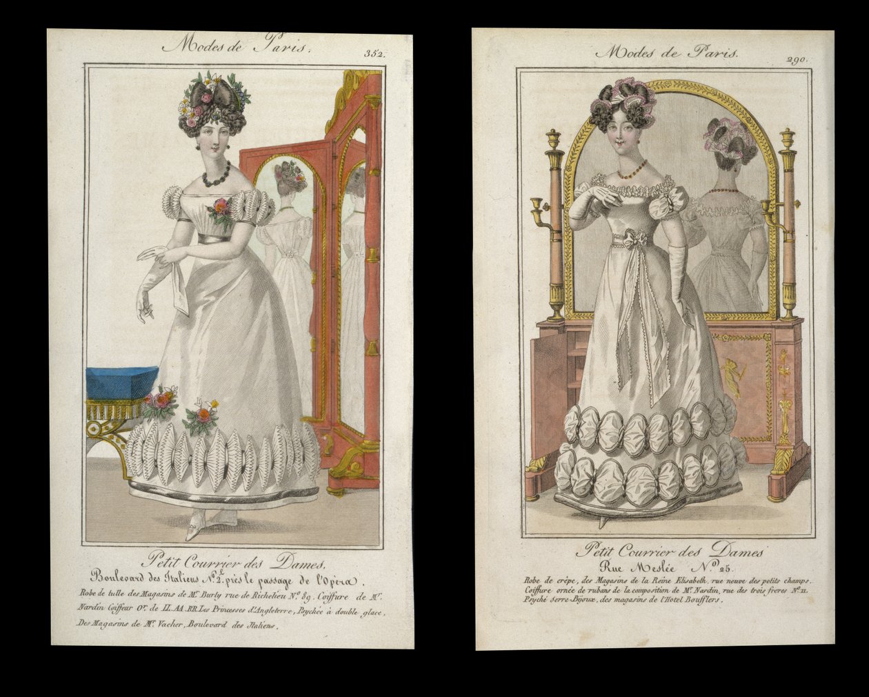 Kaksi muotilautasta iltapukuisia naisia, Modes de Parisin mainoksia, n. 1825 tekijältä English School