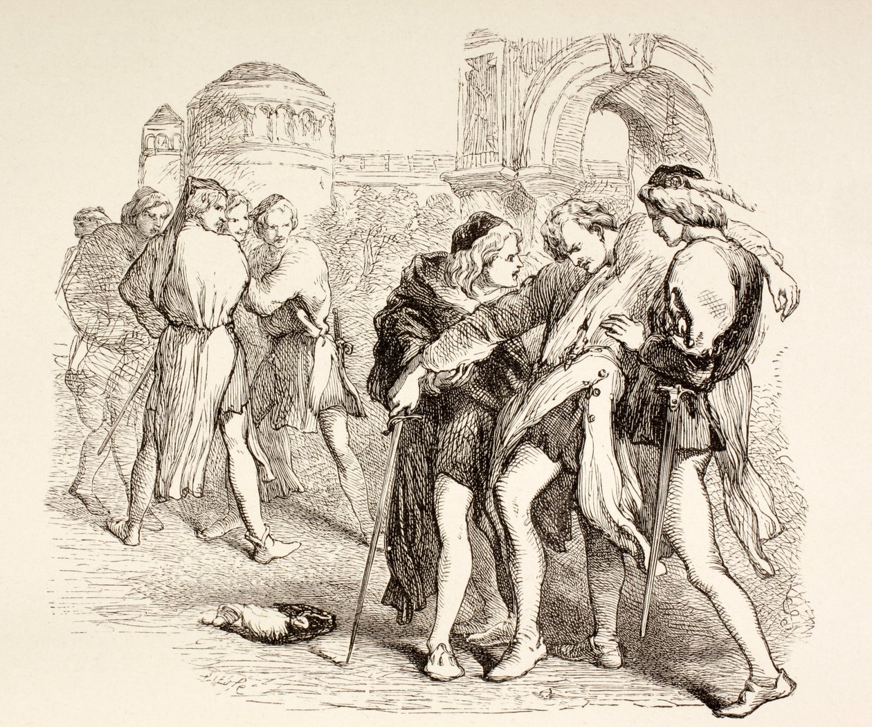 Romeo haavoi Tybaltia kuolemaan, kuvitus Romeosta ja Juliasta Lontoossa 1890 julkaistusta The Illustrated Library Shakespeare -kirjastosta. tekijältä English School