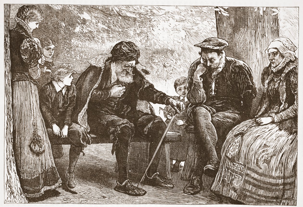 Lehmuspuiden alla, kuvitus James Aitken Wylien (1808-1890) Protestantismin historiasta, pub. 1878 tekijältä English School