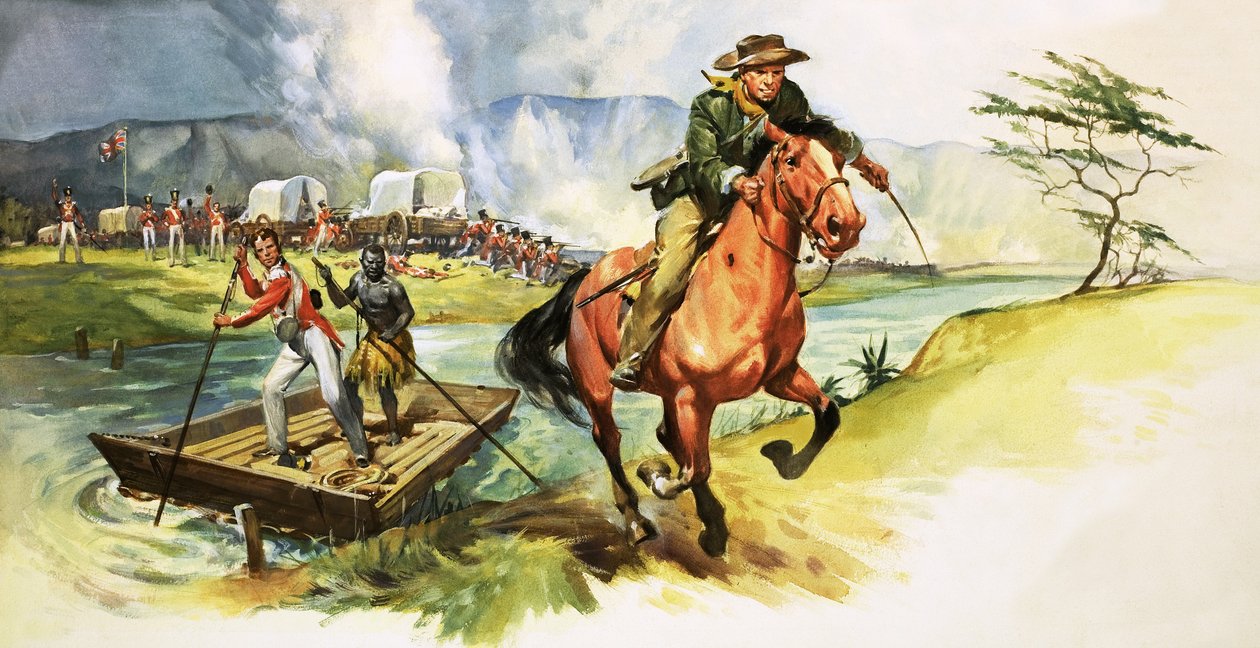 Tunnistamaton cowboy ratsastaa pois joen rannalta, kun englantilaisia sotilaita vastaan hyökätään toisella rannalla. tekijältä English School