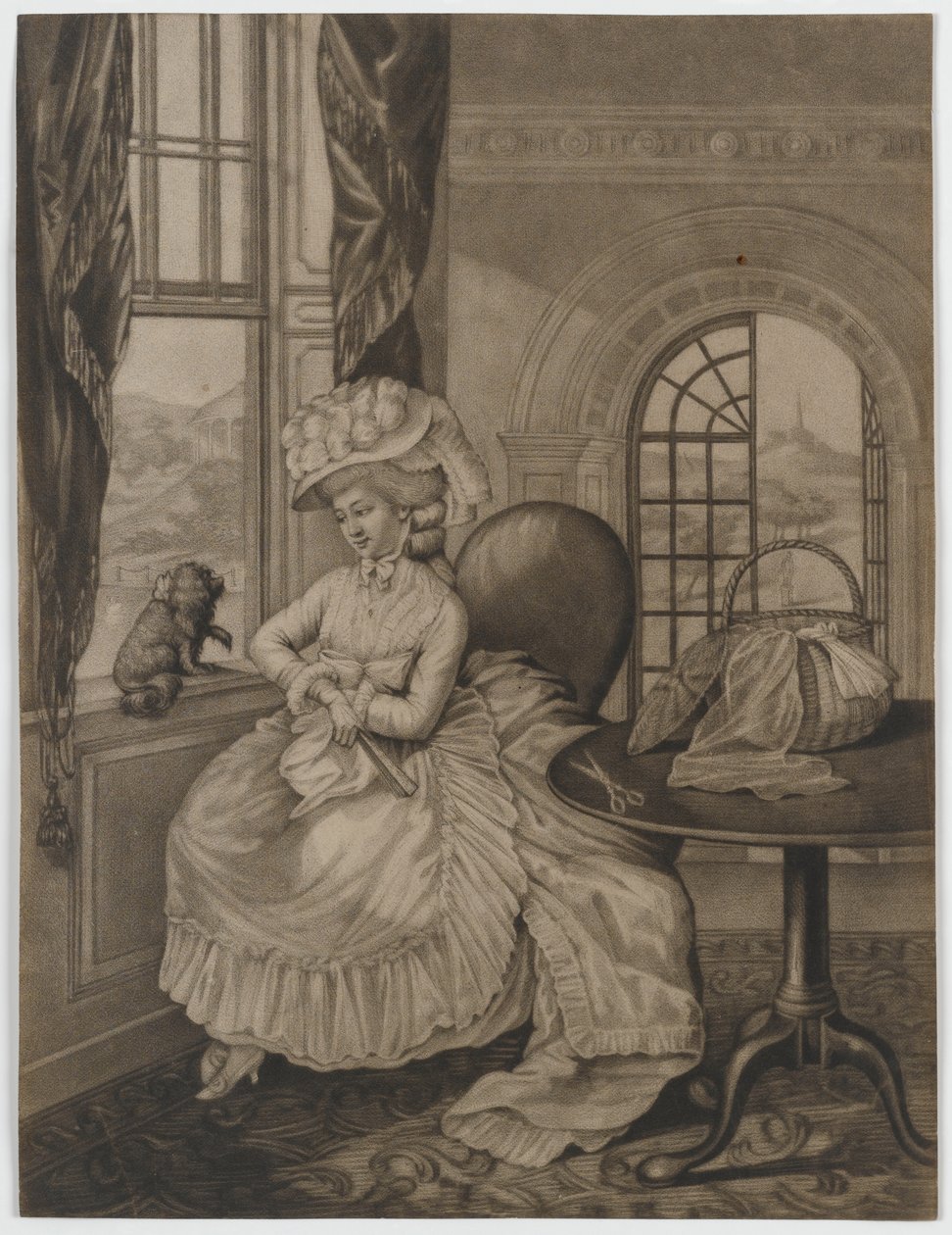 Nimetön (nainen istuu ikkunalla pienestä koirasta), n.1780 (mezzotint) tekijältä English School
