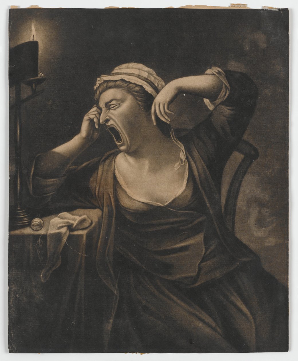 Nimetön (nainen haukottelee), n. 1780 (mezzotint) tekijältä English School