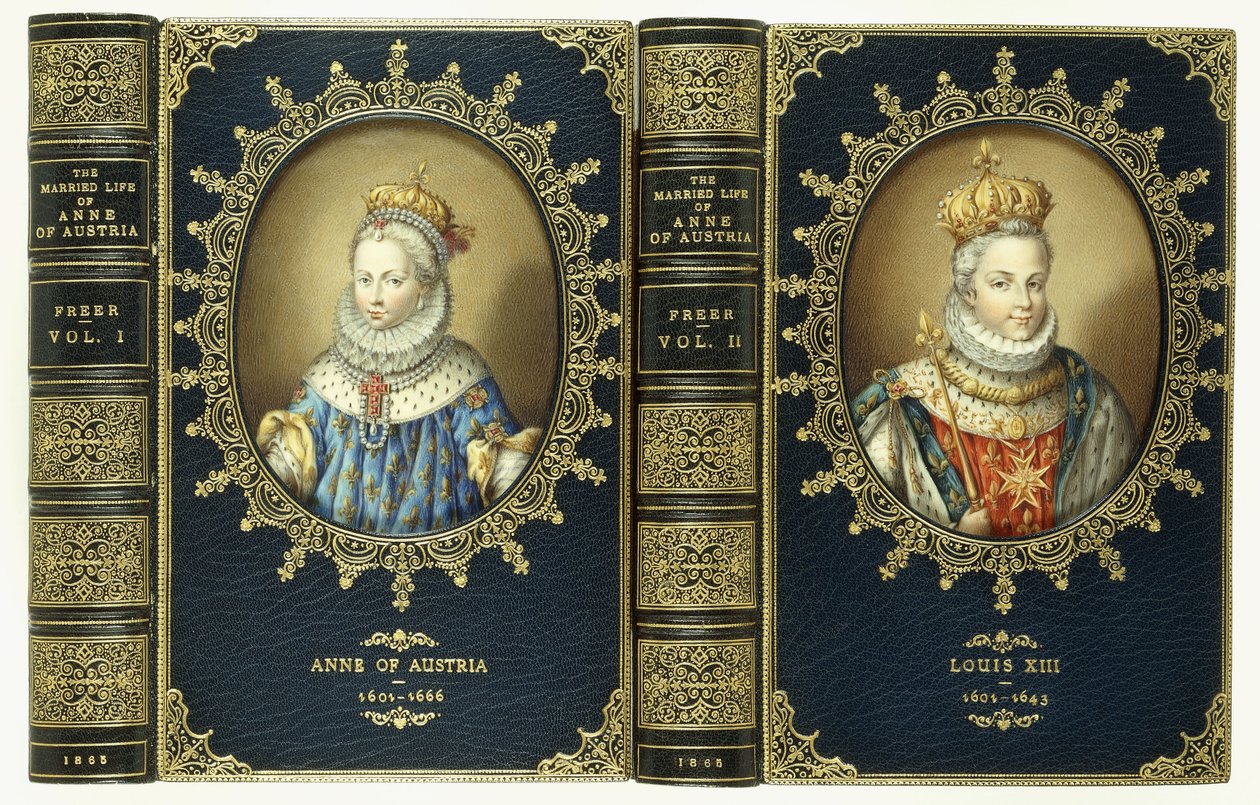 Yläkansisarja, jossa on kaksi soikea muotokuvaa Annasta Itävallasta ja Ludvig XIII:sta, 1865 tekijältä English School