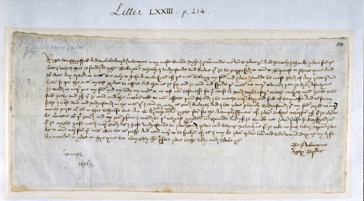 Margery Brewsin ystävänpäiväkirje John Paston III:lle, helmikuu 1477 (kynä ja muste paperille) tekijältä English School