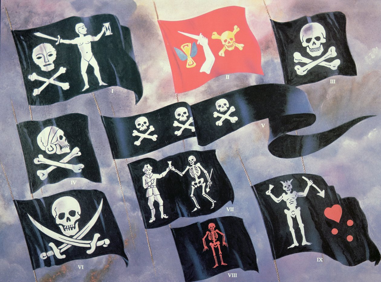Famous Piratesin käyttämät erilaiset liput (väri litho) tekijältä English School