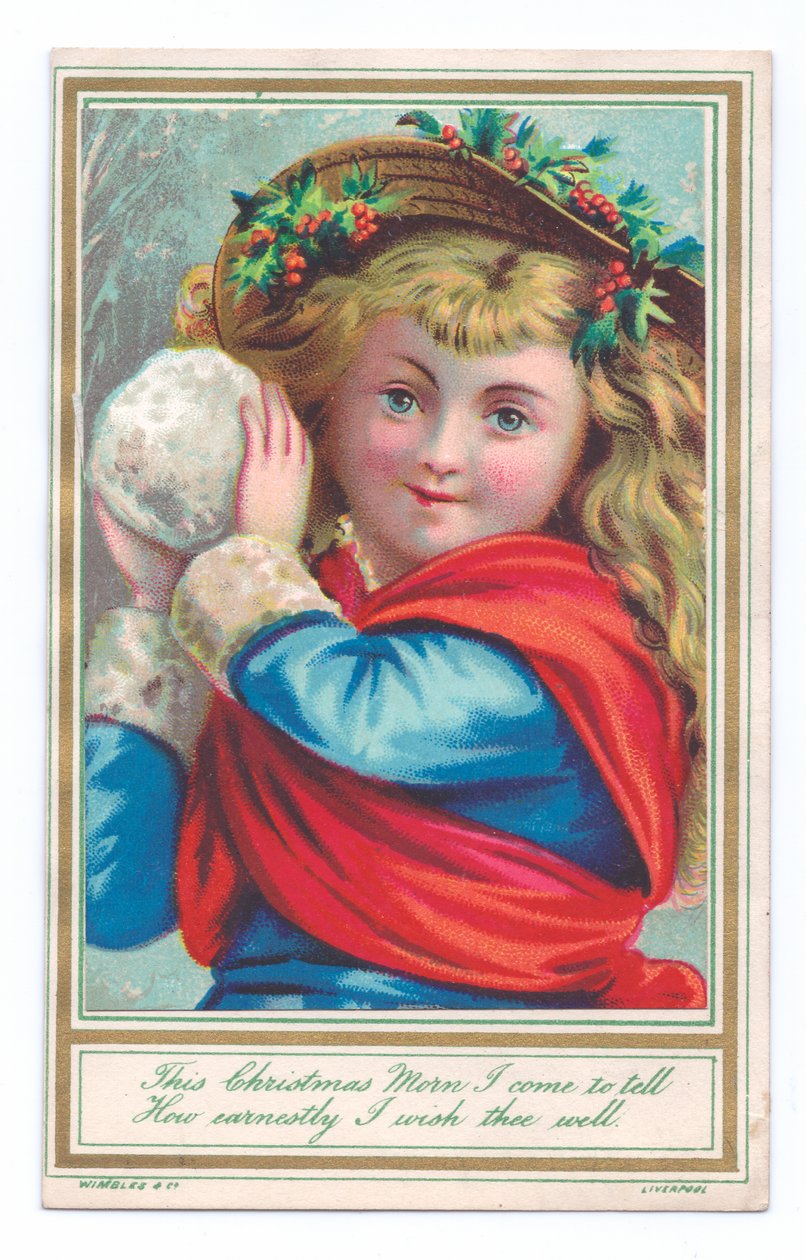Viktoriaaninen joulukortti lapsesta, jolla on hattu ja hollies pitelee lumipalloa, n. 1880 (väri litho) tekijältä English School