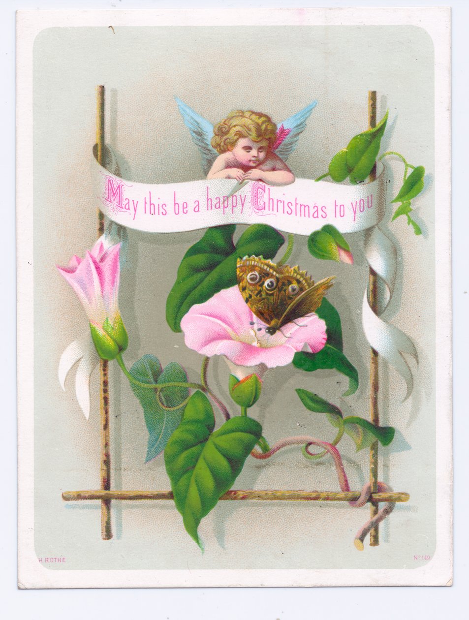 Viktoriaaninen joulukortti, jossa Amor katselee perhosta vaaleanpunaisen kukan päällä, n. 1880 (värilitografia). tekijältä English School