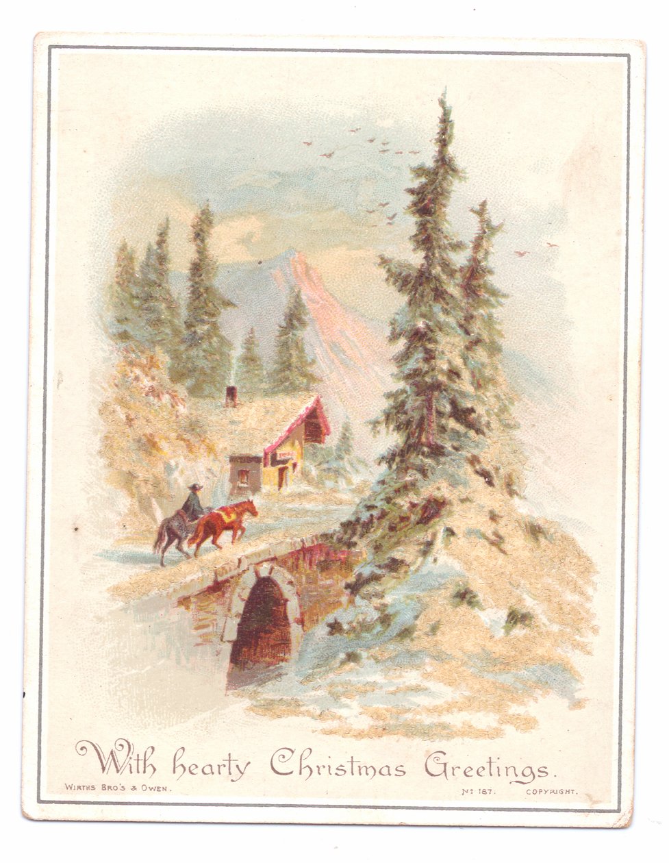 Viktoriaaninen joulukortti miehestä ja kahdesta hevosesta ylittämässä siltaa, n. 1880 (väri litho) tekijältä English School