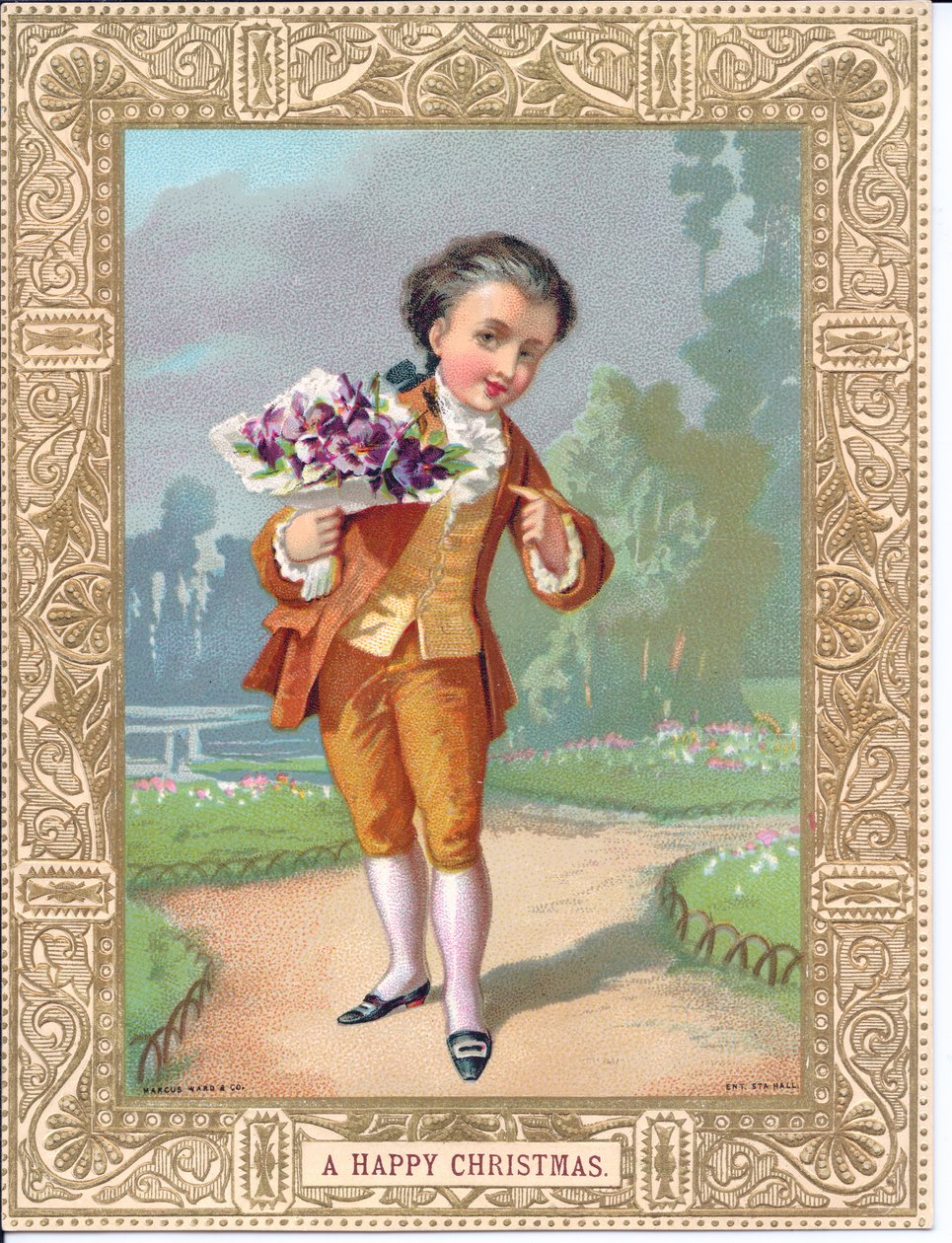 Viktoriaaninen joulukortti nuoresta pojasta pukeutuneena viktoriaanisiin vaatteisiin, kädessään kukkakimppu, n. 1880 (väri litho) tekijältä English School
