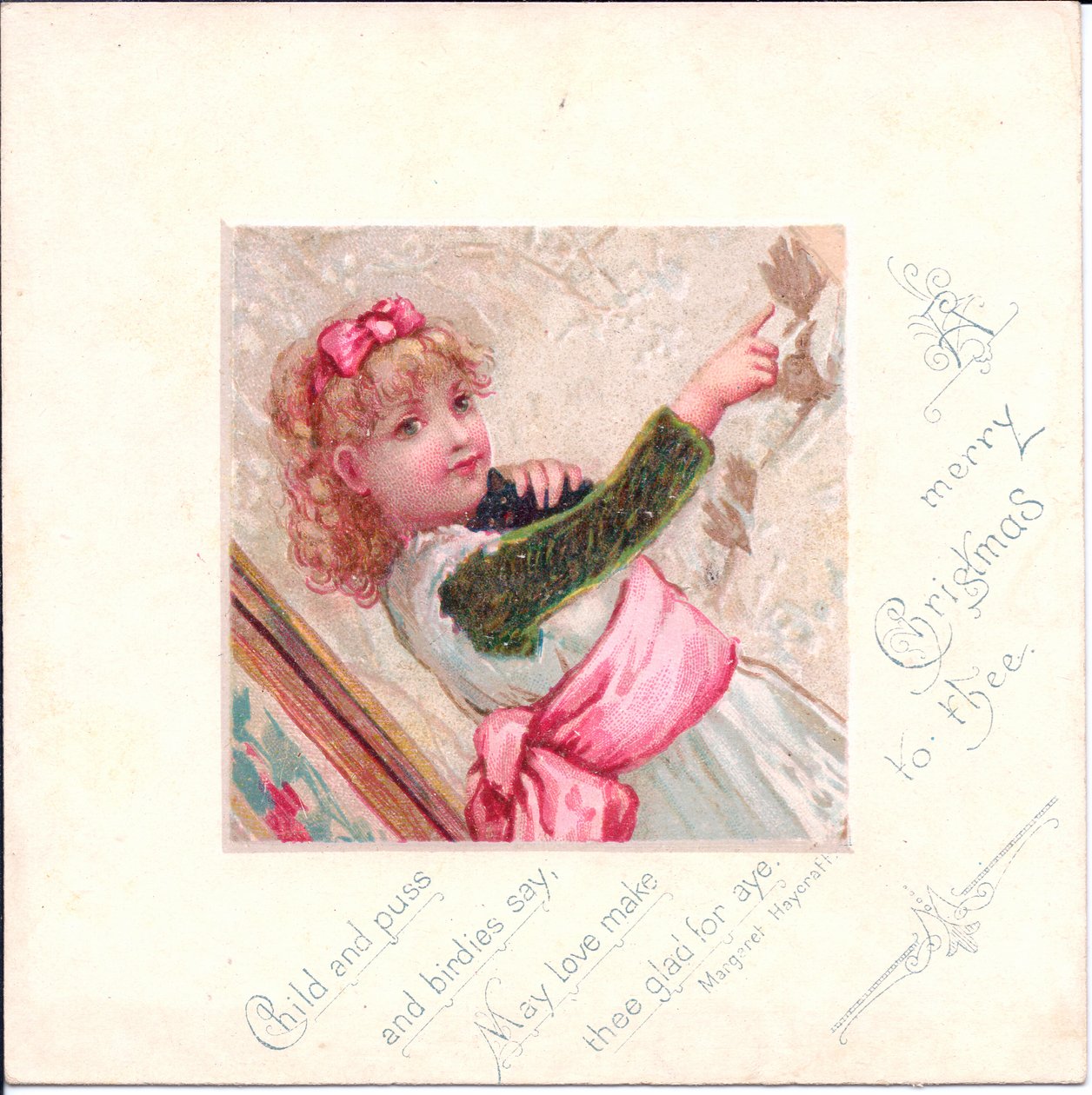 Viktoriaaninen joulukortti, jossa nuori tyttö pitelee kissaa ja osoittaa sormella jotain, n. 1880 (väri litho) tekijältä English School
