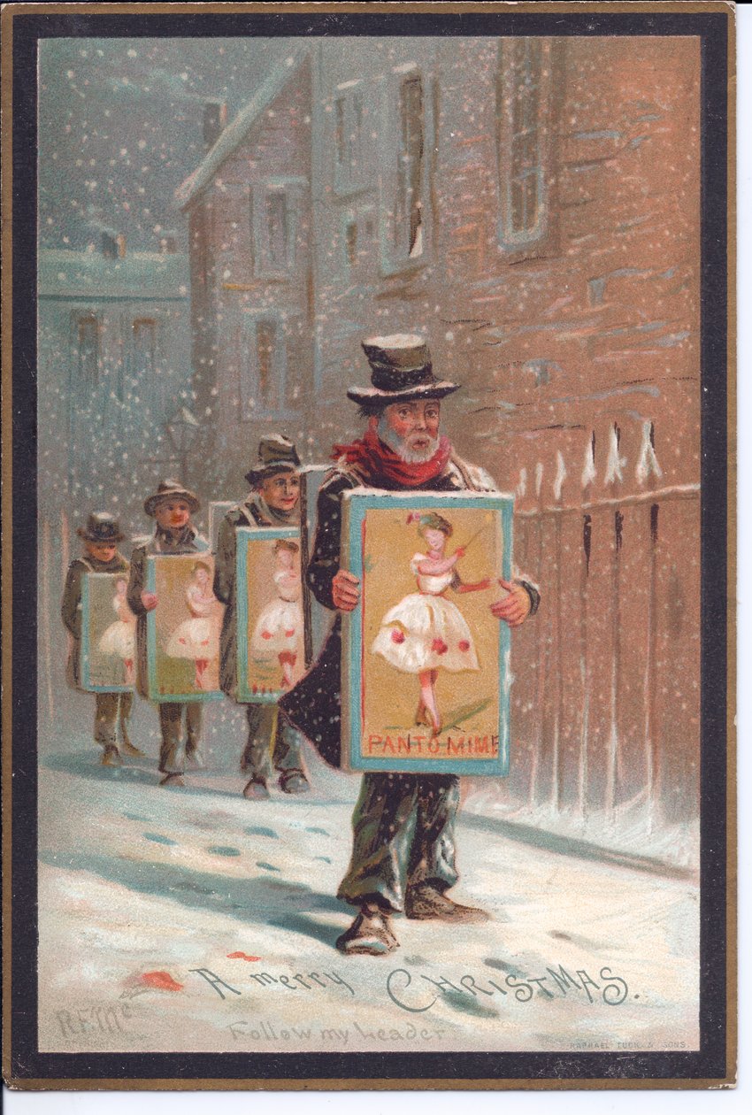 Victorian joulukortti neljästä miehestä kävelemässä lumessa kantaen pantomiimia mainostavia lautoja, n. 1880 (värilitho) tekijältä English School