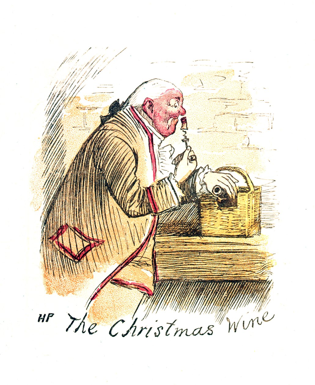 Viktoriaaninen joulukortti nimeltä "The Christmas Wine" tekijältä English School