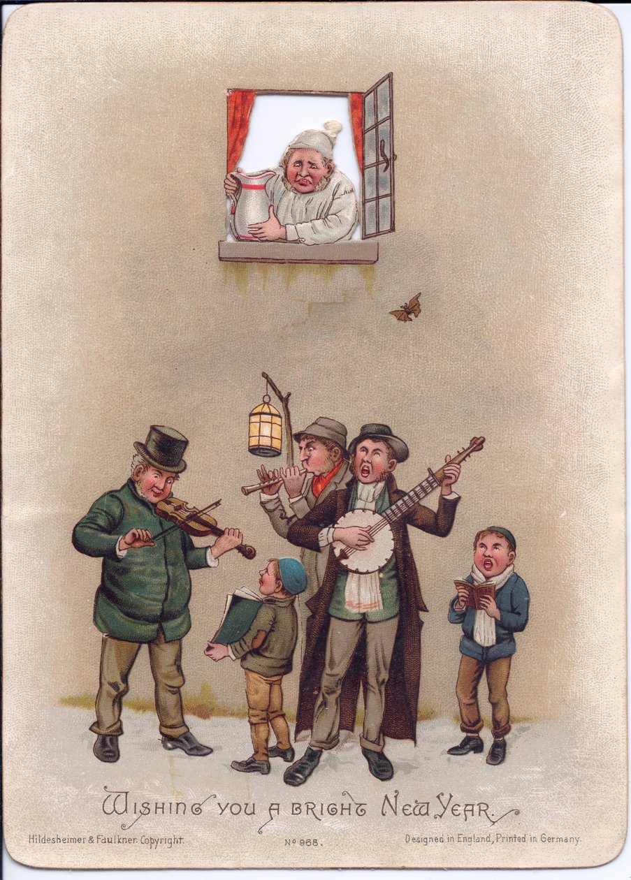 Viktoriaaninen uudenvuoden kortti yöpaidassa olevasta miehestä, joka valmistautuu kaatamaan vettä katumuusikoiden päälle, n. 1880 (värilitho) tekijältä English School