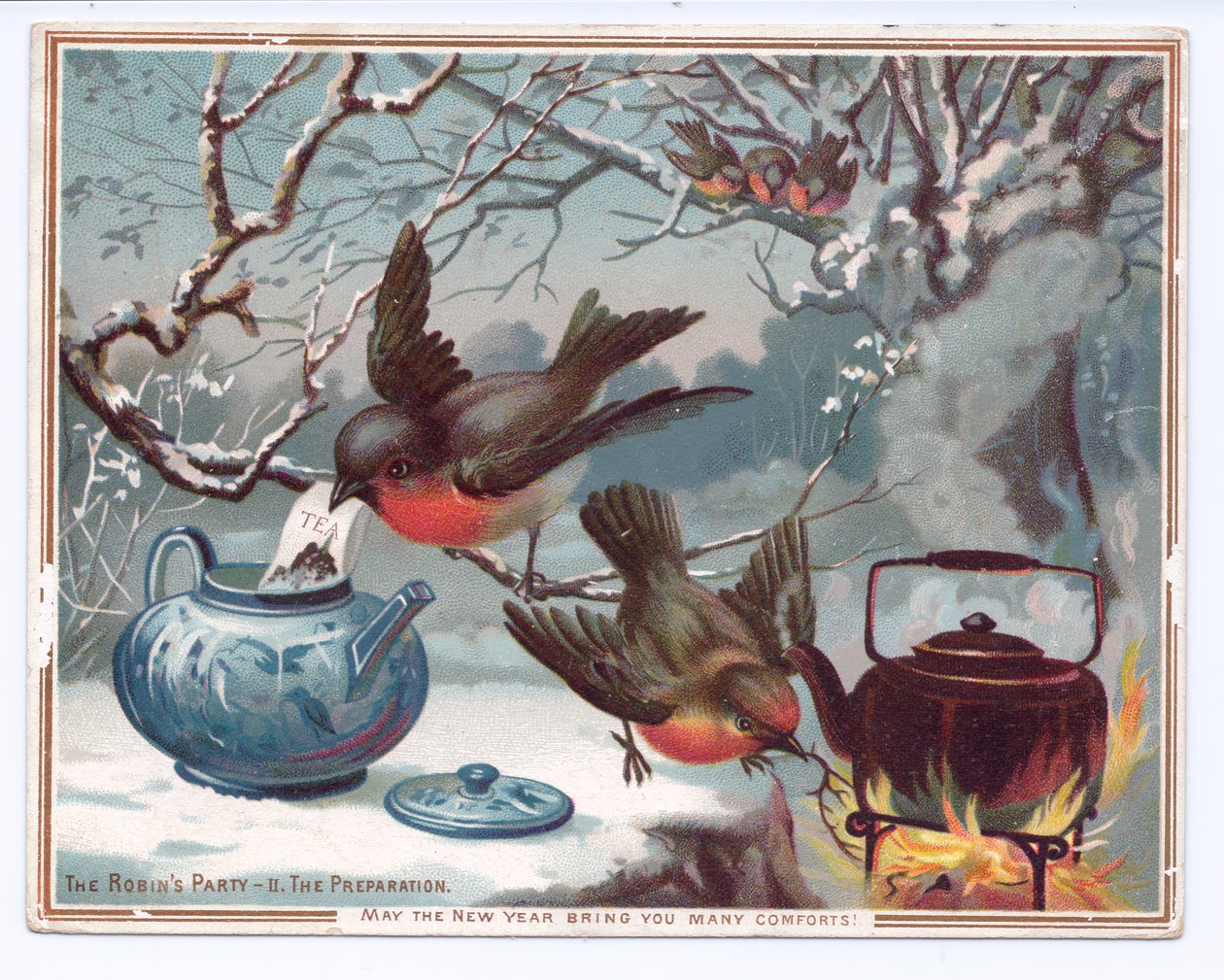 Viktoriaaninen uudenvuoden kortti robineista keittämässä teetä lumisena talviyönä, n. 1880 (värilitho) tekijältä English School