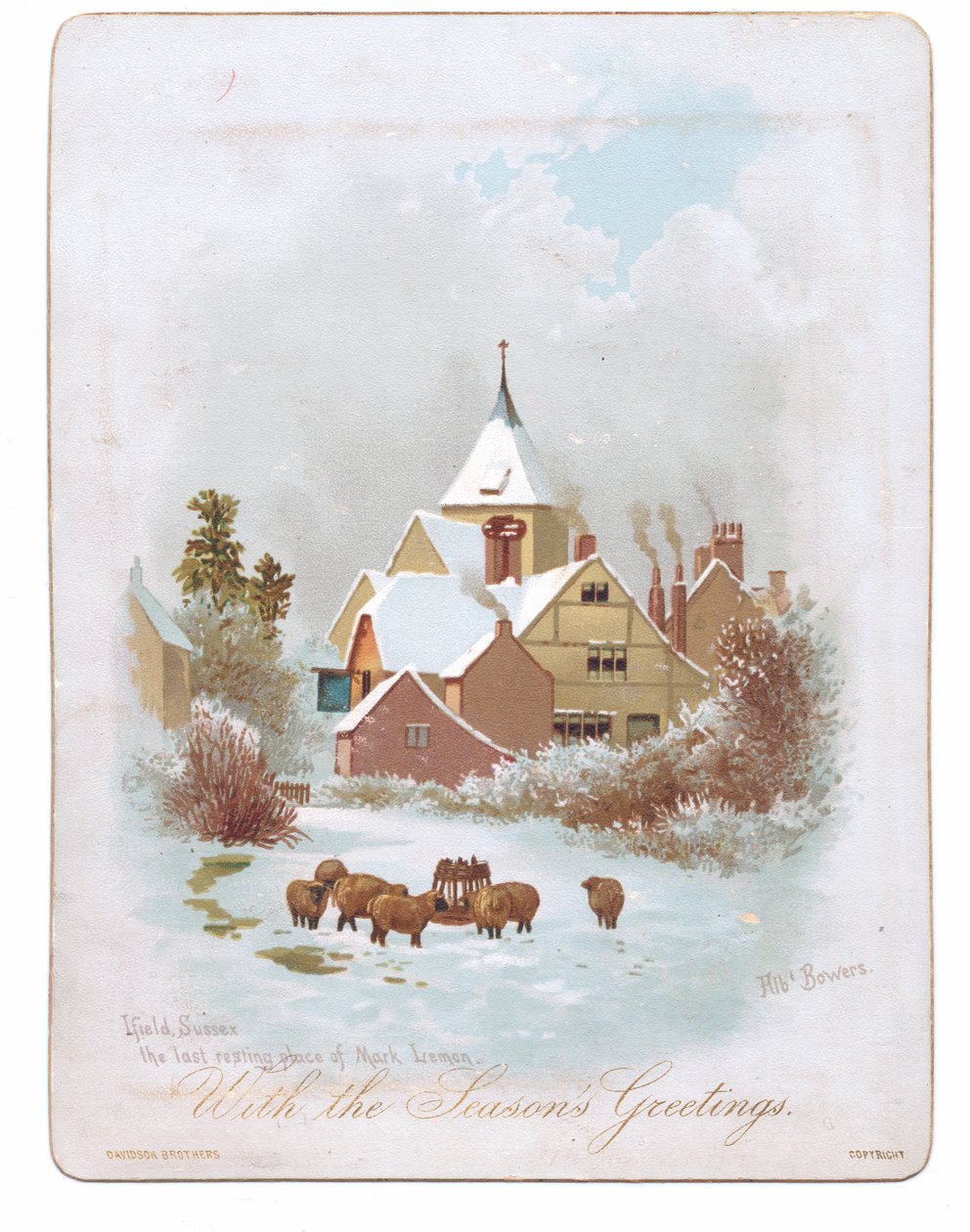 Viktoriaaninen onnittelukortti lampaista, jotka vaeltavat lähellä kirkkoa lumessa, n. 1880 (väri litho) tekijältä English School