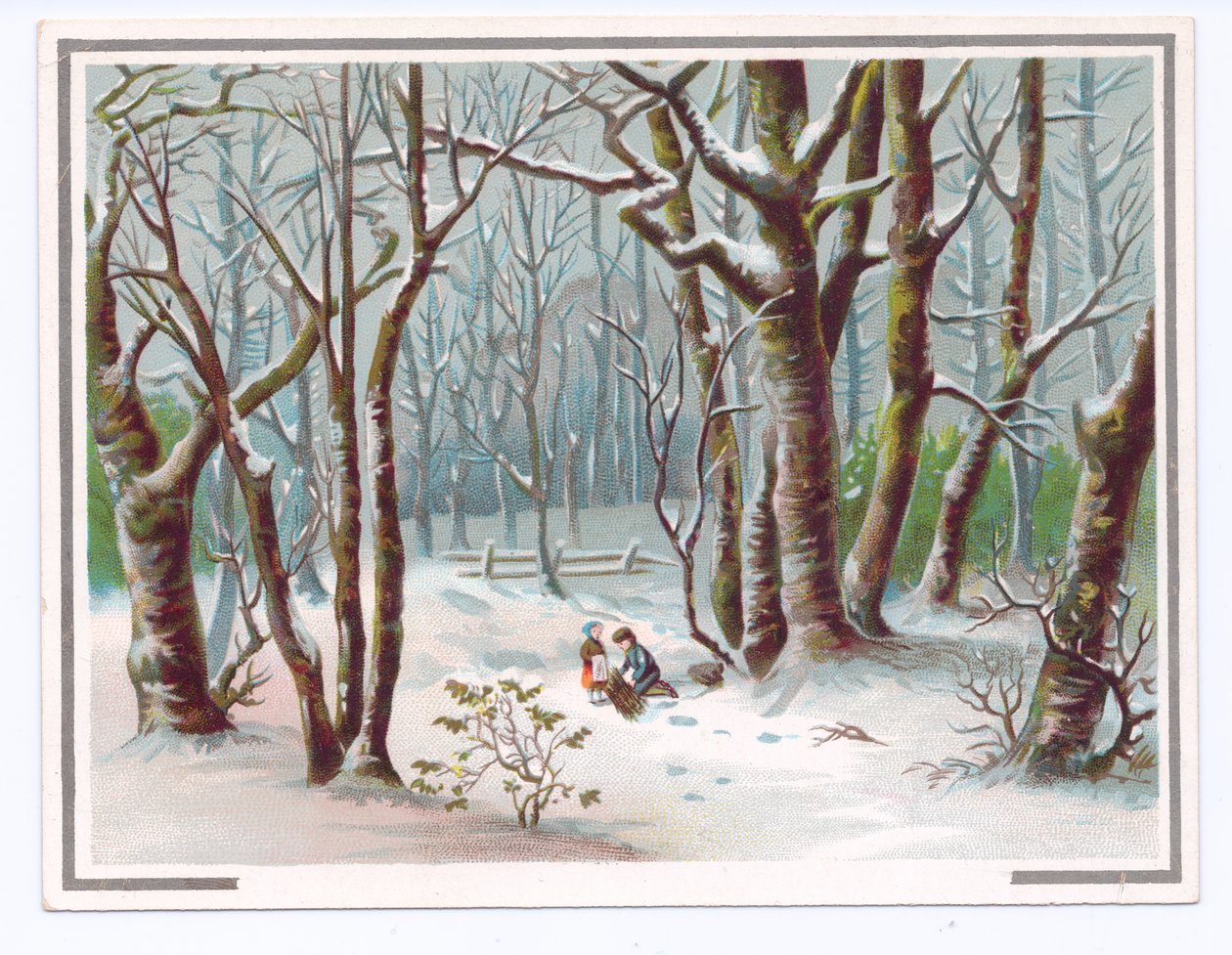 Viktoriaaninen onnittelukortti kahdesta lapsesta, jotka keräävät oksia lumessa, n. 1880 (väri litho) tekijältä English School