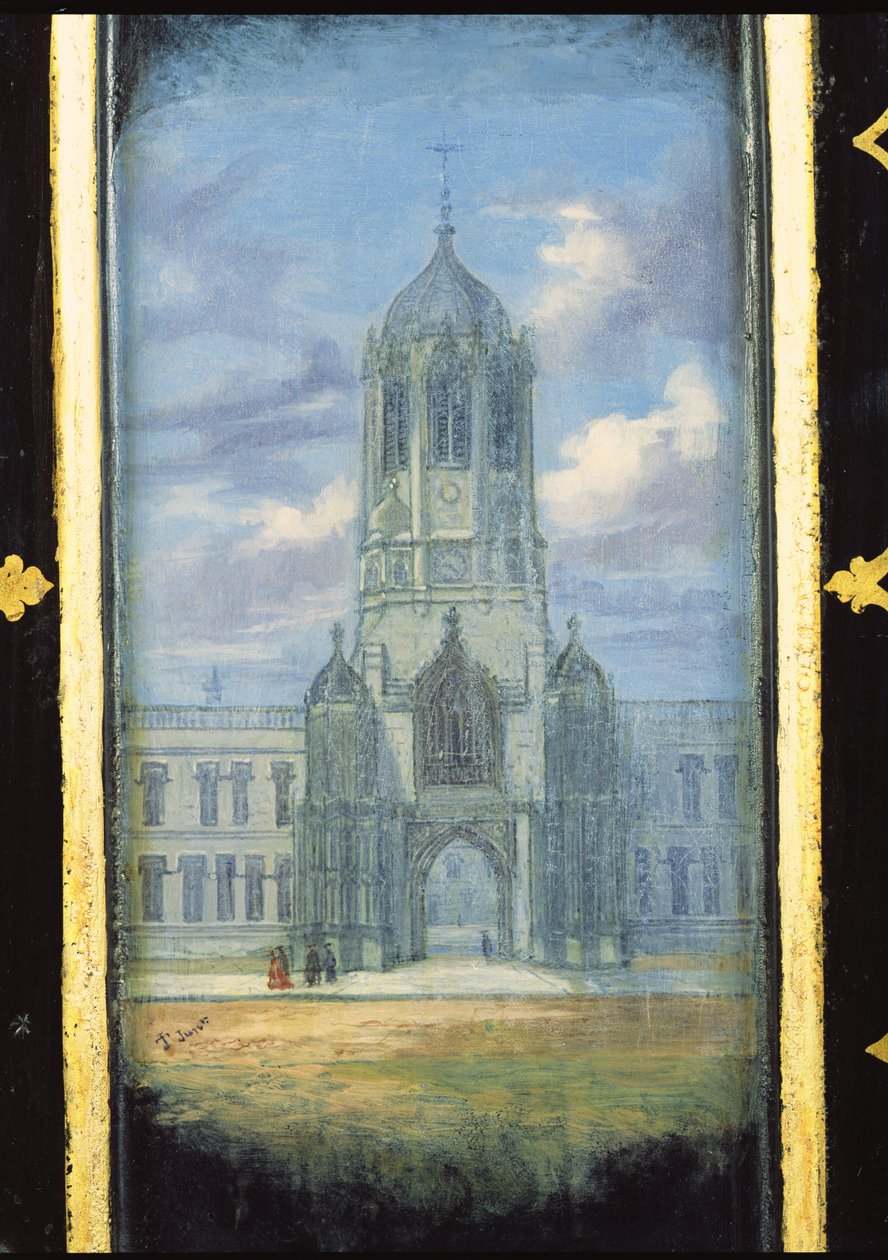 Viktoriaaninen ompelukaappipaneeli, jota koristaa kohtaus Christ Churchista, Oxford (paperimassa) tekijältä English School