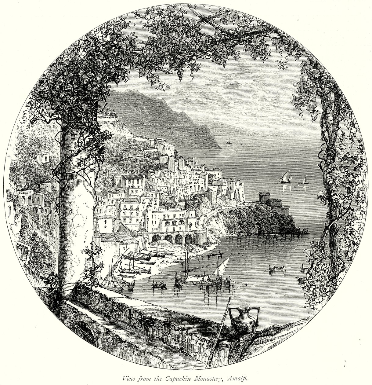 Näkymä kapusiiniluostarista, Amalfi (kaiverrus) (kaiverrus) tekijältä English School