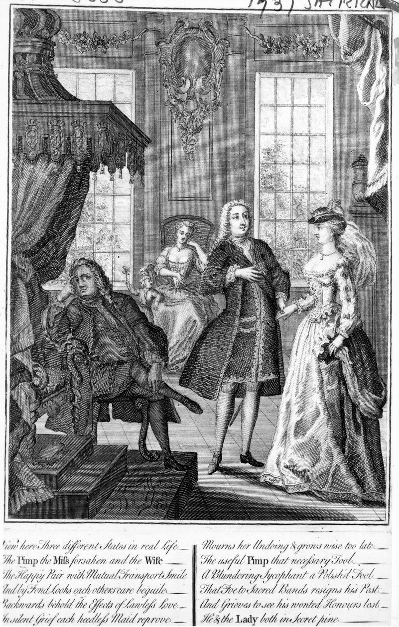 Katso tästä kolme erilaista tilaa tosielämässä - parittaja, neiti hylätty ja vaimo, 1735-6 tekijältä English School