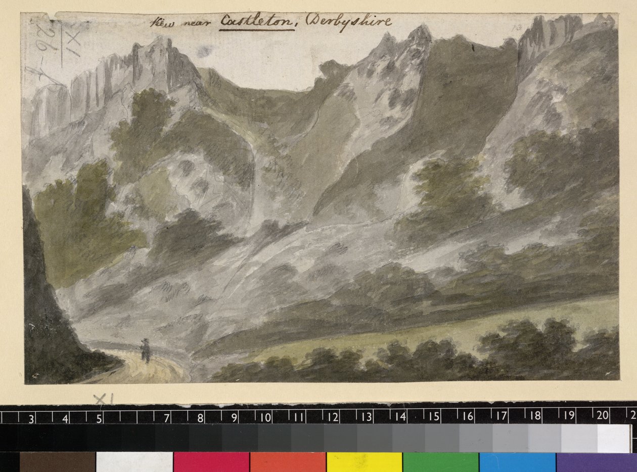 Näkymä lähellä Castletonia, Derbyshire, n. 1790 (akvarelli kynällä paperille) tekijältä English School