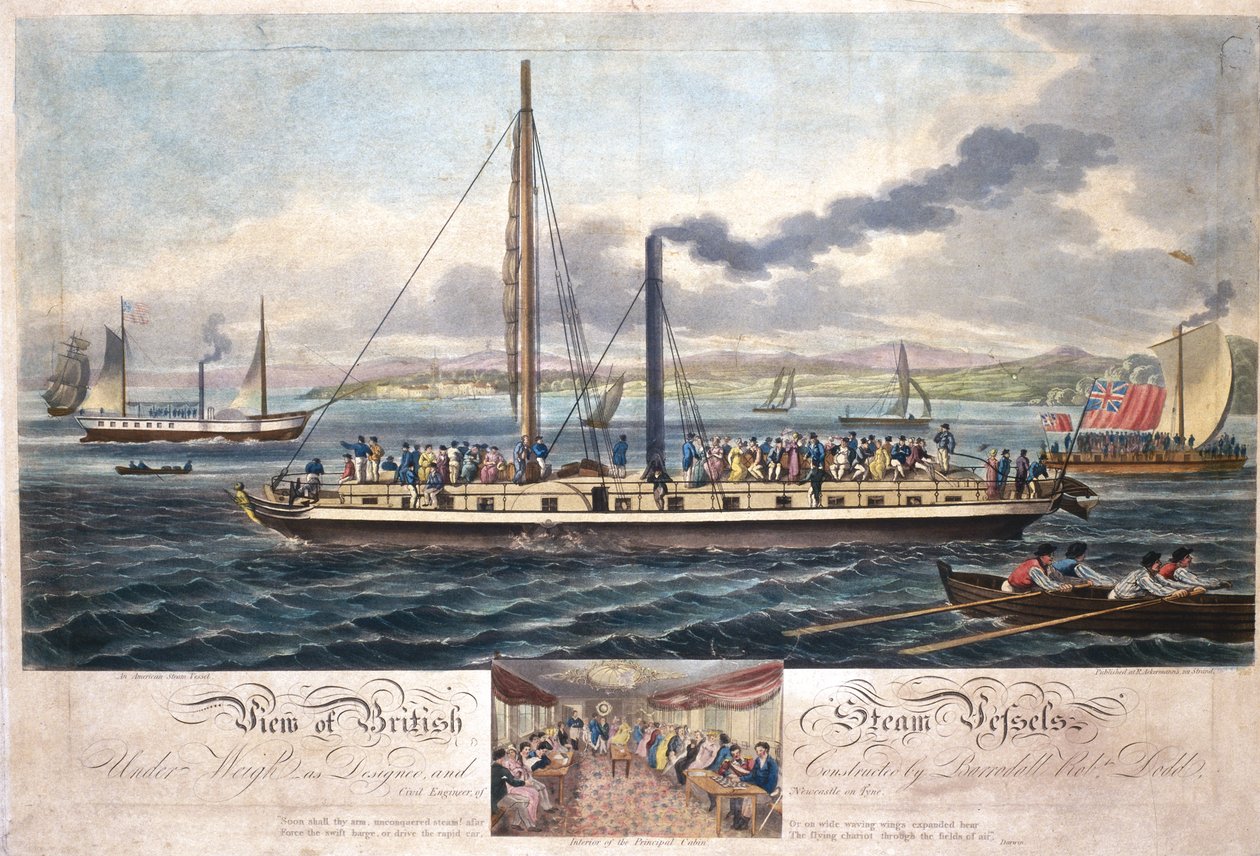 View of British Steam Vessels, julkaisija R. Ackermann, 1820-51 (värillinen akvatinta) tekijältä English School