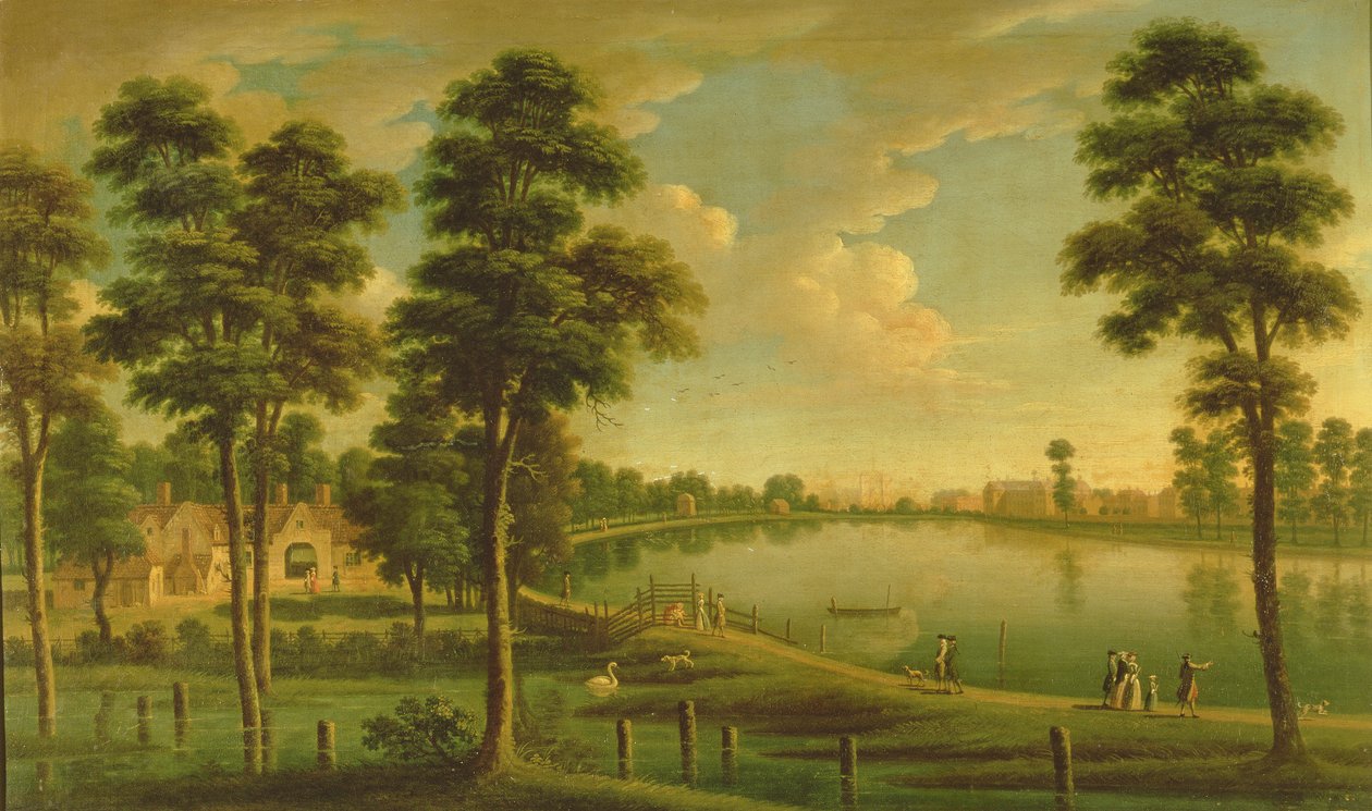 Näkymä Chelsea Reservoirille ja vesilaitokselle, jossa Westminster Abbey on kaukana, n. 1725 tekijältä English School