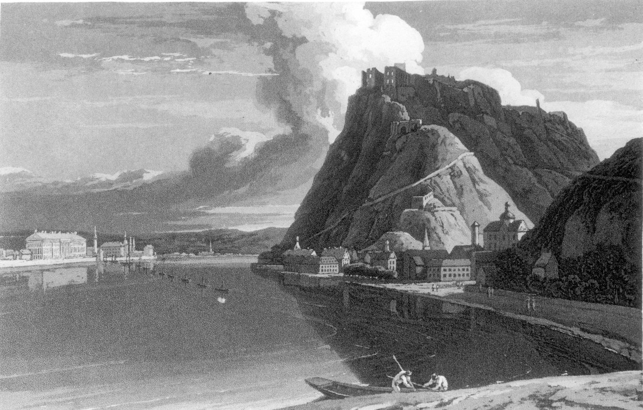 Näkymä Ehrenbreitsteiniin ja Coblenziin, kierroksesta Hollannin halki Reinin oikeaa ja vasenta rantaa pitkin Etelä-Saksaan, Sir John Carr, julkaistu 1807 tekijältä English School
