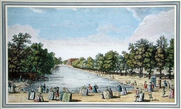 Näkymä muodolliseen puutarhaan, jossa on järvi, luultavasti Long Water Hampton Courtissa (väri litho) tekijältä English School