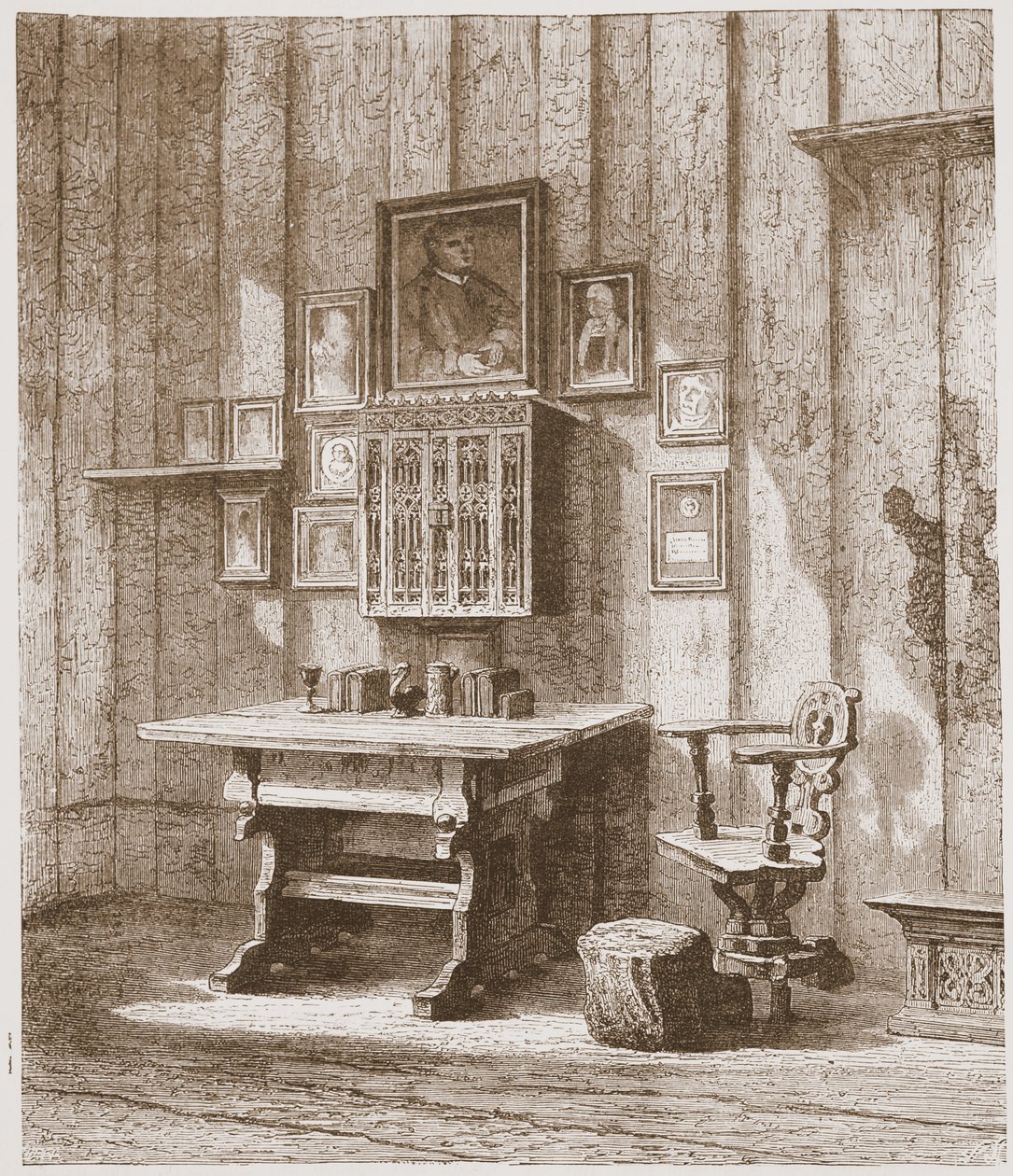 Näkymä Lutherin huoneesta Wartburgissa, mustetahra seinällä, kuvitus James Aitken Wylien (1808-1890) teoksesta The History of Protestantism, pub. 1878 tekijältä English School