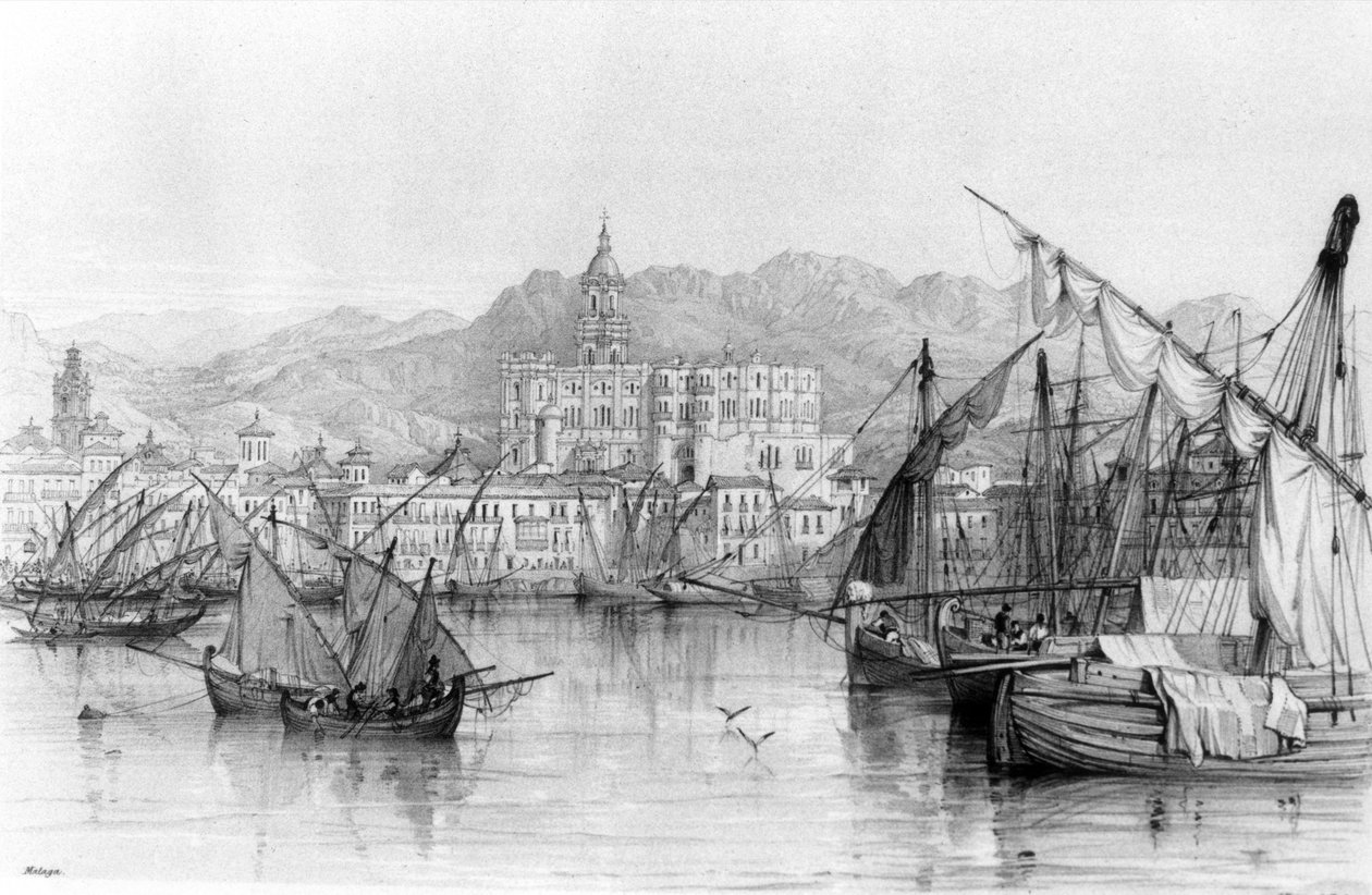 Näkymä Malagaan, George Vivianin espanjalaisesta maisemasta, julkaistu 1838 tekijältä English School