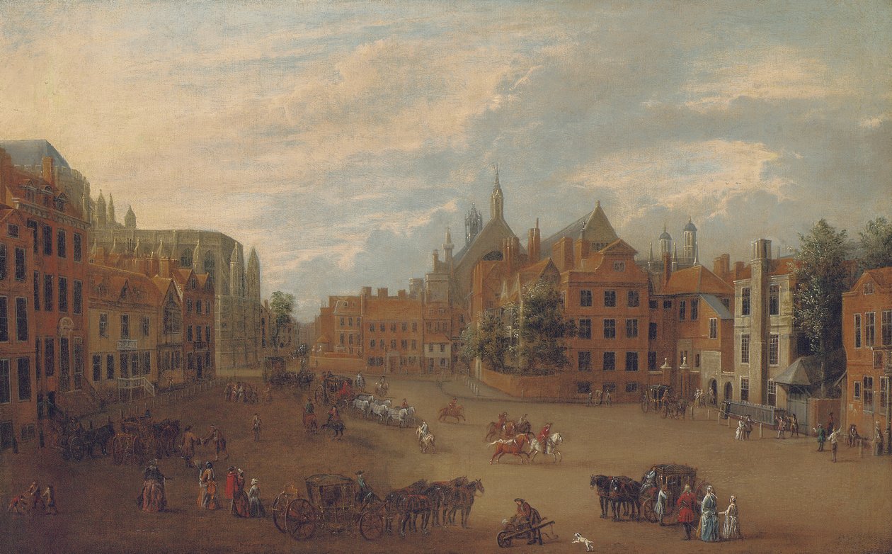 Näkymä Westminsterin Old Palace Yardille, Westminster Abbeyn itäpää ja kuningas Henrik VII:n kappeli vasemmalla, n. 1700 tekijältä English School