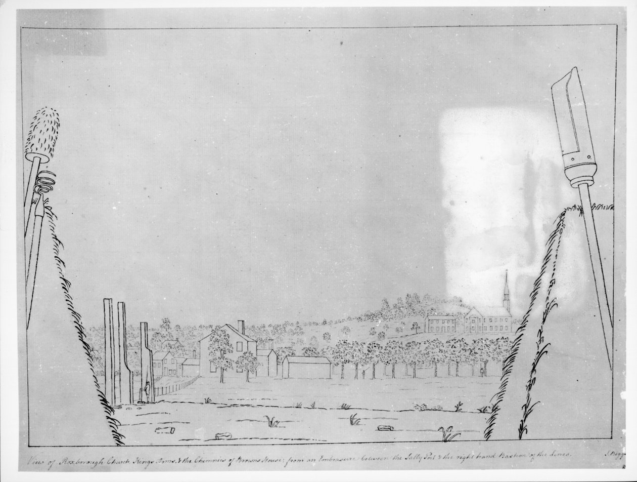 Näkymä Roxboroughin kirkolle, Kings Armsille ja Browns Housen savupiipuille, sally-portin ja linjojen oikeanpuoleisen linnakkeen välisestä kaivosta, 1776 tekijältä English School
