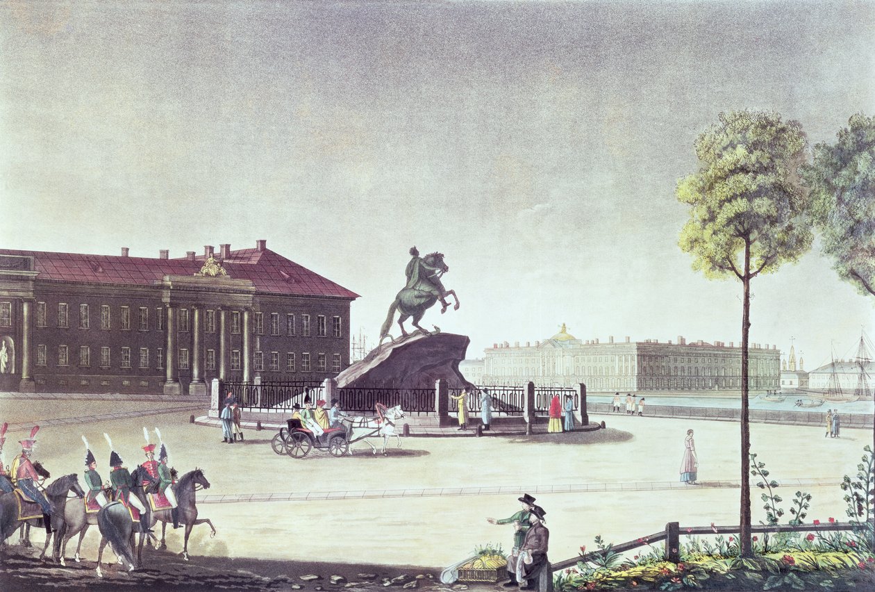 Näkymä Pietari Suuren aukiolle ja Pietarin senaatille, julkaisija Boyer, Lontoo 1815 (väri litho) tekijältä English School