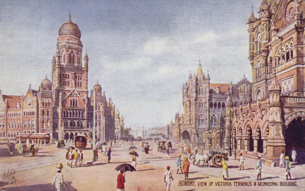 Näkymä Victoria Terminus  Municipal Building, Bombay (värilitografia) tekijältä English School