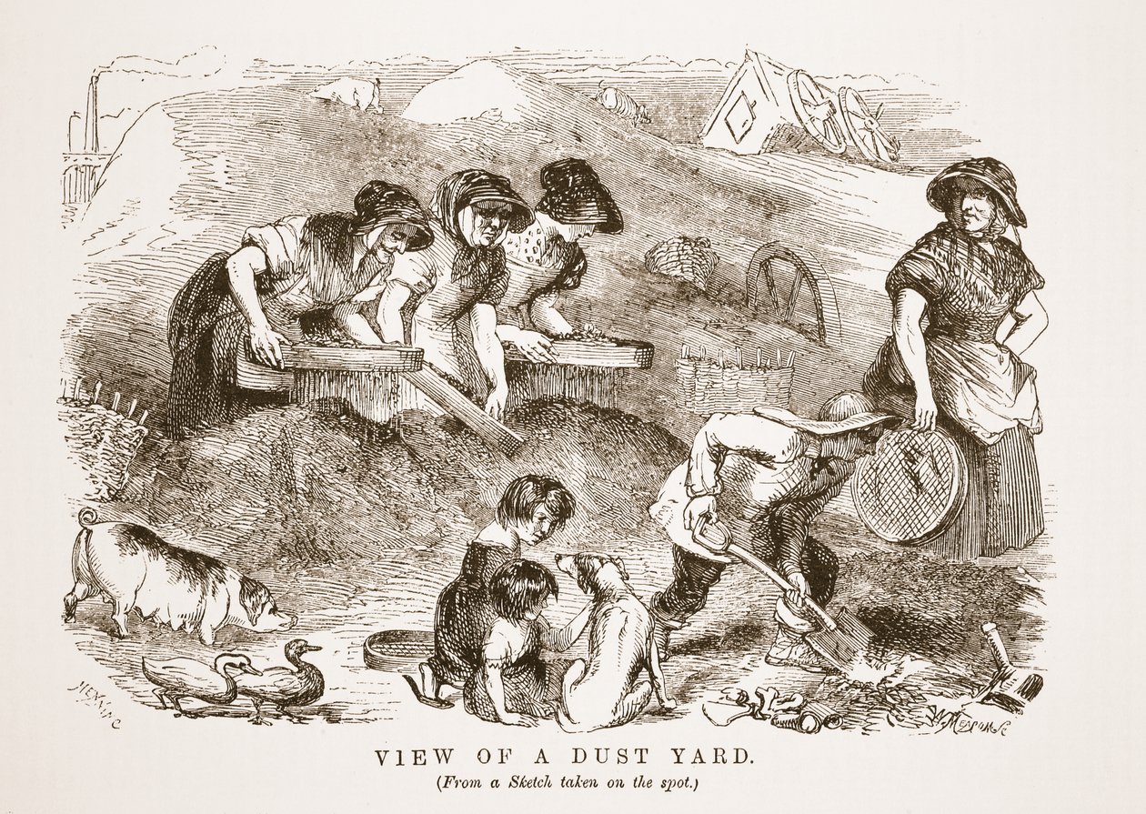 Näkymä Dust Yardille, kuvitus London Laborista ja London Poorista, kirjoittanut Henry Mayhew, pubi. 1862 tekijältä English School
