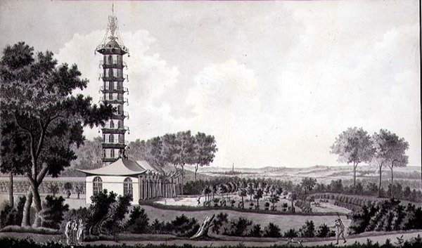 Näkymä hollantilaista puutarhaa ja kiinalaista pagodia, n. 1770 (kynä ja muste vesivärillä paperilla) tekijältä English School