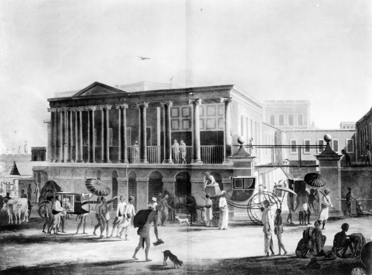 Näkymä talosta, manufaktuurista ja basaarista Kalkutassa, kaiverrus Francis Jukes, 1795 (akvatinta) tekijältä English School