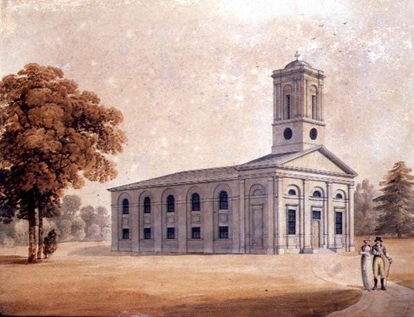 Näkymä uusklassisesta kirkosta puistossa, n. 1790 (akvarelli paperille) tekijältä English School