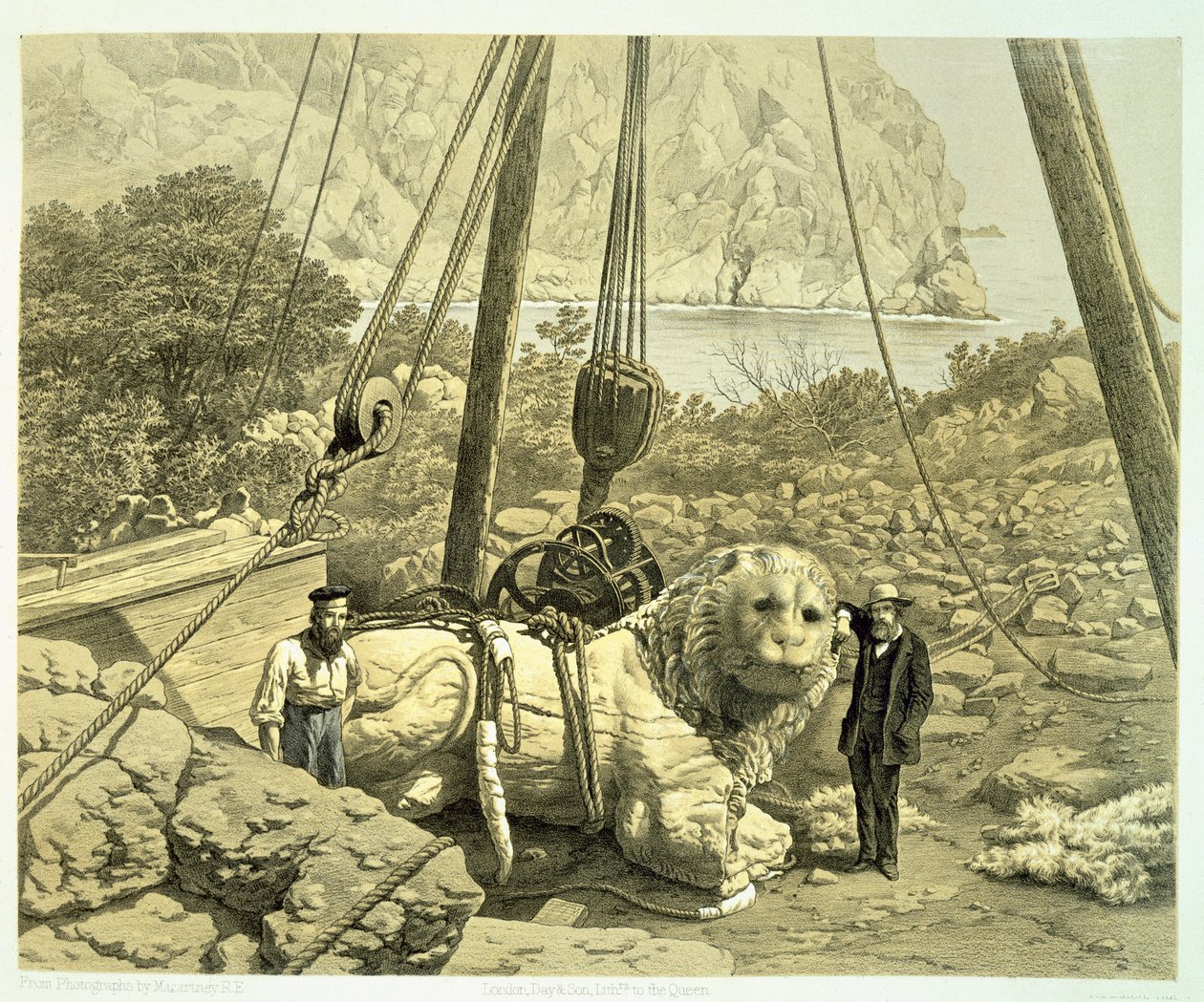 Näkymä valtavasta kasvatetusta leijonasta, Charles Thomas Newtonin (1816-94) kirjasta A History of Discoveries at Halicarnassus, Cnidus & Branchidae, julkaistu 1862 tekijältä English School