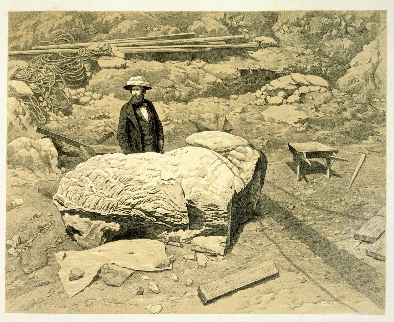 Näkymä valtavasta leijonasta kyljellään, Newton takana, Charles Thomas Newtonin (1816-94) teoksesta A History of Discoveries at Halicarnassus, Cnidus ja Branchidae, julkaistu 1862 tekijältä English School