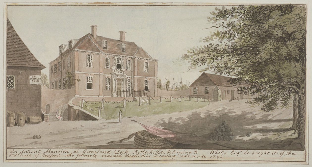 Näkymä vanhasta kartanosta Grönlannin satamassa Rotherhithessa, Bermondseyssa, 1796 (wc paperilla) tekijältä English School